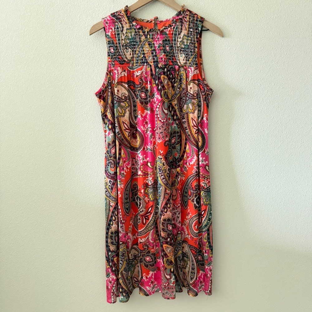 Leslie Fay Women Paisley Smocked Neck Sleeveless Shift Dress Boho Retro Size 12